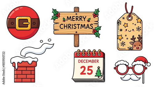Christmas ornaments and decorations on a white background with a sign