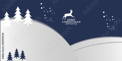 Merry chrismas and Happy new year greeting card. Winter night with christmas tree and moon. Paper art style. Vector