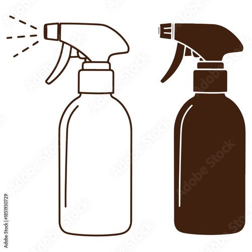 Illustration of two spray bottles one transparent and one brown isolated on a white background useful for cleaning and household purposes