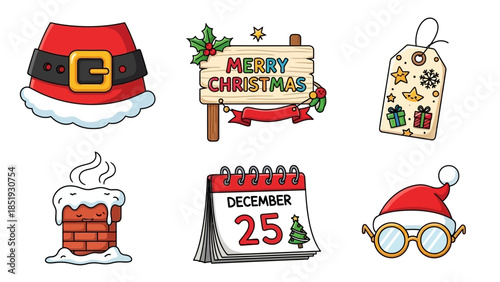 Illustrations of Christmas ornaments and decorations on display