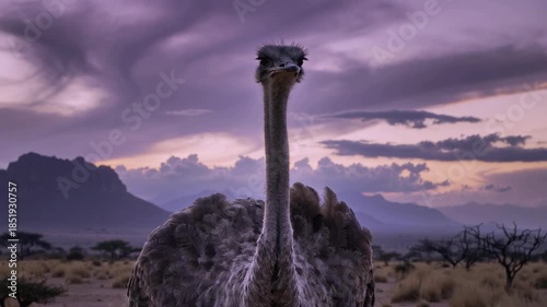 Ostrich stands tall against a colorful sky during the evening in a natural setting