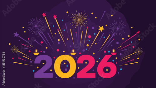 Dynamic illustration celebrating the arrival of 2026 with a spectacular burst of colorful fireworks and festive lights, embodying the joy and anticipation of a new chapter and future possibilities