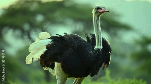 Ostrich standing in a green field during the afternoon with trees in the background