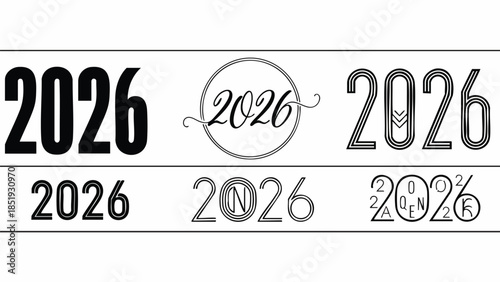 A creative assortment of six unique black and white typographic renditions of the numeral '2026', showcasing diverse fonts and artistic styles for contemporary graphic design, digital content