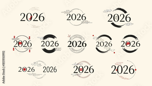 A collection of elegant Year 2026 design elements, blending traditional Asian calligraphy and decorative motifs for cultural celebrations and festive greetings, perfect for upcoming new year branding