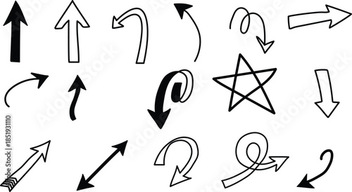 Collection of various black and white arrow symbols isolated on transparent background