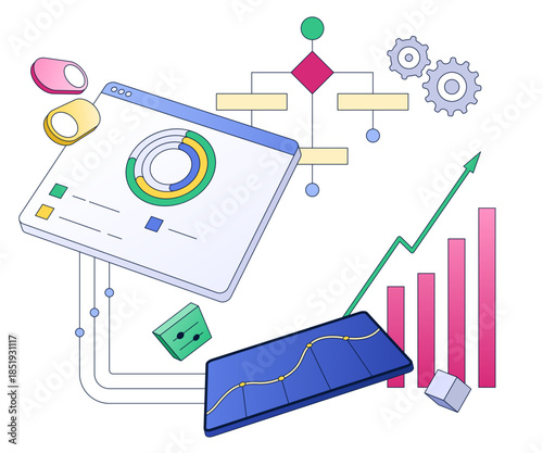 Dashboard with charts and workflow diagram, Business analytics and metrics tracking