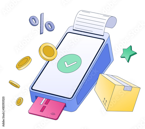 POS terminal with check mark and bank card, Payment confirmation and cashback rewards, E-commerce and order fulfillment