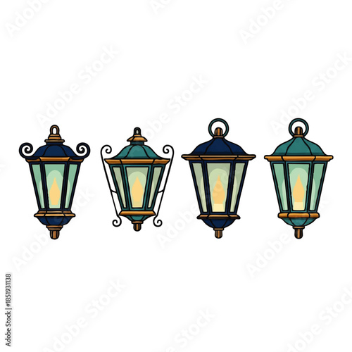 Set of vintage lantern illustrations with decorative designs