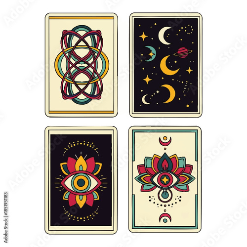 Set of four mystical tarot cards with celestial and geometric designs