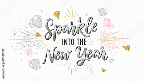 Festive greeting design for a sparkling New Year celebration, featuring glitter, diamonds, and confetti burst on a bright background, perfect for invitations and holiday wishes