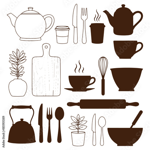 Kitchen utensils and items set illustration featuring teapots cups cutlery and cooking tools for culinary activities