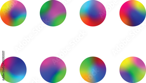 Multicolored gradient spheres arranged in two rows on white background