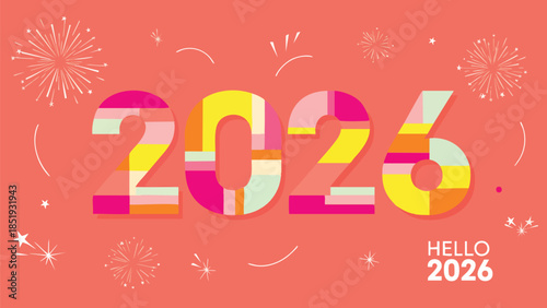 Vibrant geometric 2026 new year celebration graphic with festive fireworks, a modern design greeting the future with cheerful typography and dynamic patterns