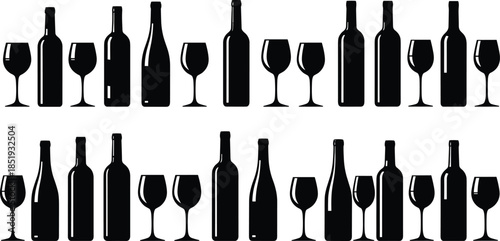 Set of Wine Bottles and Glasses Silhouettes, Black Vector Icons for Bar Menu, Isolated on White Background