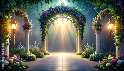 A stunning, luxurious floral archway in an enchanting garden, illuminated by soft ethereal light, creating a magical and romantic backdrop for special events