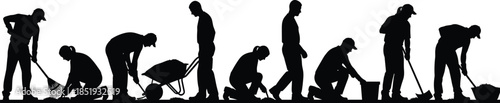 Set of people silhouettes gardening, raking, digging, carrying wheelbarrow, and planting, man and woman working outdoors vector