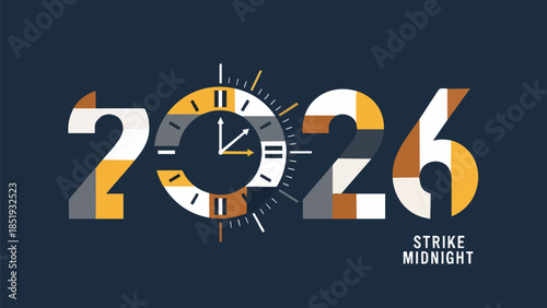 Stylized 2026 year design featuring a bold clock striking midnight, symbolizing a fresh start, important countdown, or significant future event. Modern graphic for new year greetings, deadlines
