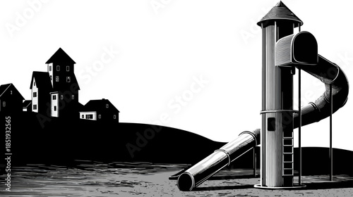 Atmospheric black and white illustration of a tall playground slide structure in an empty park with houses on a distant hill.