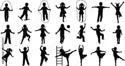 Silhouettes of Active Children Playing, Jumping, Dancing, Climbing, and Exercising in Various Poses for Educational and Recreational Design Use