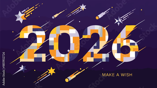 Abstract 2026 New Year banner with colorful geometric patterns and shooting stars. Celebrate future aspirations and make a wish for a prosperous and happy new beginning