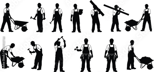 Silhouettes of Construction Workers Performing Various Tasks with Tools, Wheelbarrows, and Equipment for Industrial, Labor, and Safety Design Use