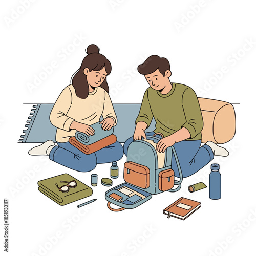 Together, a young couple efficiently packs their travel bags, preparing for an exciting journey ahead