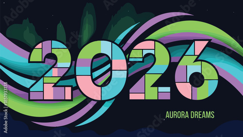 Vibrant 2026 illustration with abstract aurora-inspired swirls and colorful segmented numbers, embodying dreams and future aspirations for modern graphic designs