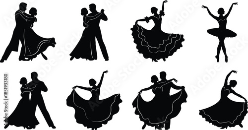 Silhouettes of dancing couples and solo dancers in elegant poses, black and white vector illustration for dance, performance, art themes