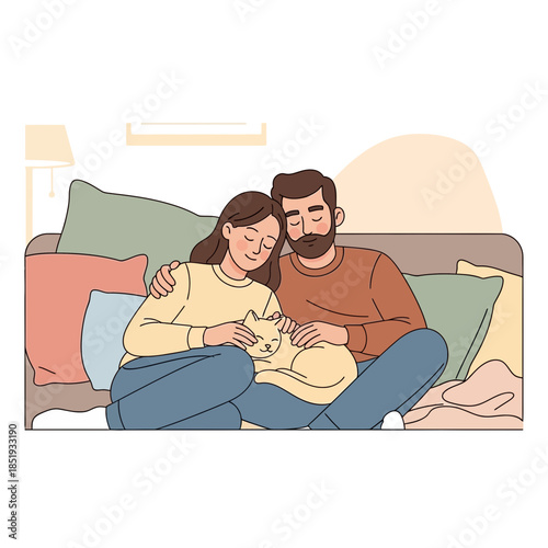 Affectionate couple unwinding peacefully at home on a comfy couch, gently petting their sleeping cat