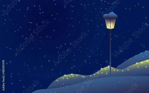Winter Night Street Lamp with Falling Snow and Copy Space