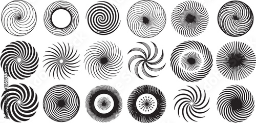 Seamless black and white abstract background featuring a geometric pattern of vector spiral swirls and round circle ornament elements in a retro tile style