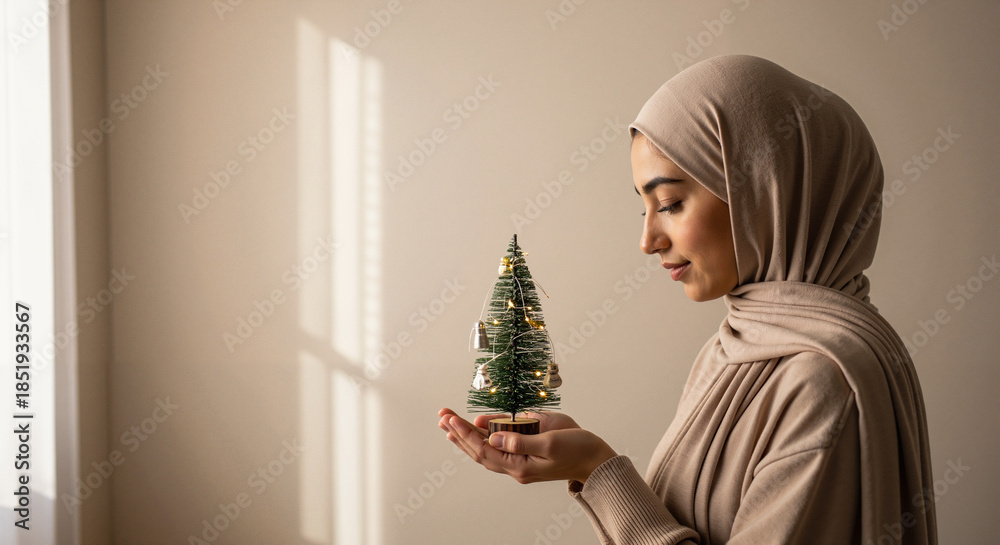 Obraz premium Muslim woman holding a small Christmas tree indoors with soft light 