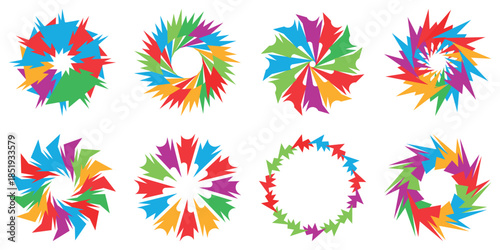 Colorful abstract starburst and spike circle set, dynamic decorative elements