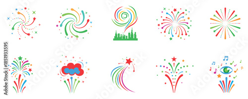 Colorful celebration event icon set, fireworks confetti music party collection