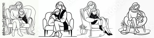 vector line art of a mother sitting holding her child in winter