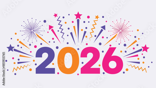 Vibrant 2026 New Year graphic with colorful bursting fireworks, sparkling confetti, and festive streamers. Celebratory design embodying fresh starts, joy, and optimistic future prospects