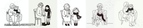 vector line art of a grandmother sitting holding her grandchild in winter