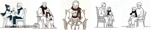 vector line art of a grandfather sitting holding his grandchild in winter