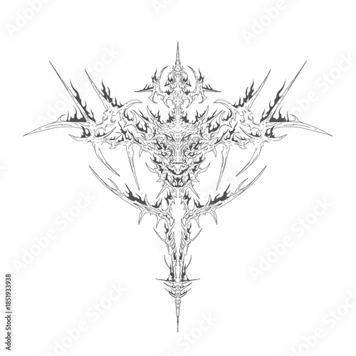 Neo tribal cyber sigil with dragon head, burning flame ornaments, symmetrical cross sword shape, hand drawn vector for tattoo, dark streetwear and metal art