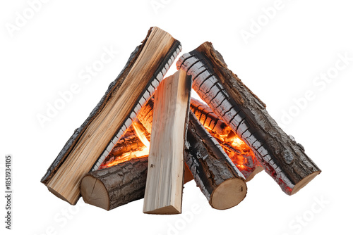 Close-up of a cozy, crackling campfire with natural wood logs burning brightly against a clean white background.