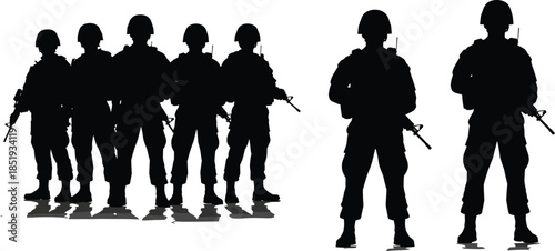 Soldier silhouette illustration in standing formation, military discipline, rifle holding poses, black vector artwork for war, army, and defense themes