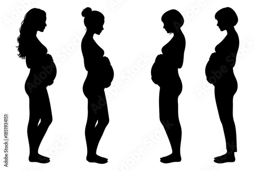 Pregnant woman silhouette set featuring black maternity profiles and expecting mother figures standing with baby bump