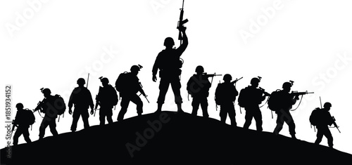 Soldier silhouette vector set with rifle raised pose, military teamwork on hilltop for defense, victory, patriotism, and combat themes