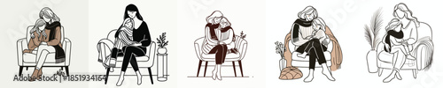 vector line art of a mother sitting holding her child in winter