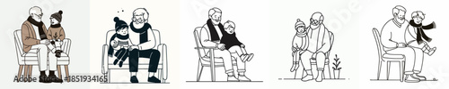 vector line art of a grandfather sitting holding his grandchild in winter