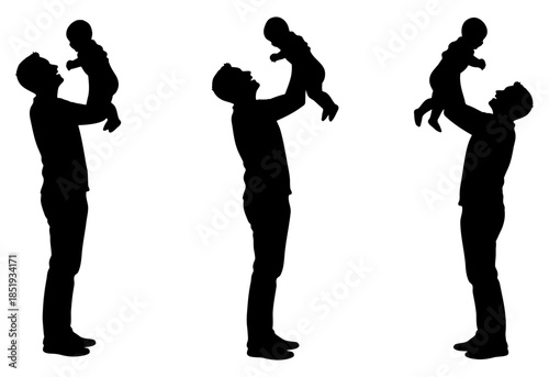 Father lifting baby silhouette set featuring black dad holding child up in air and happy parenting moments