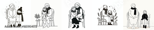 vector line art of a grandmother sitting holding her grandchild in winter