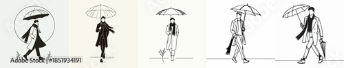 vector line art of a man walking with a winter umbrella