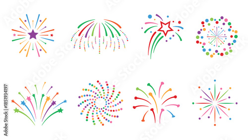Colorful fireworks burst icon set, festive celebration visual effects